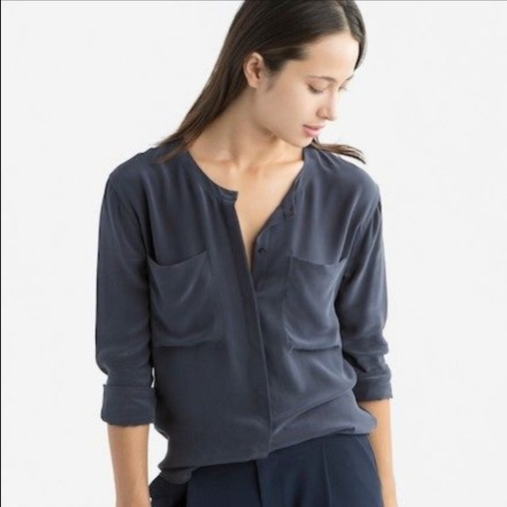 Everlane collarless black silk pocket top